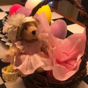 Pink Teddy Bear in Basket with Hat